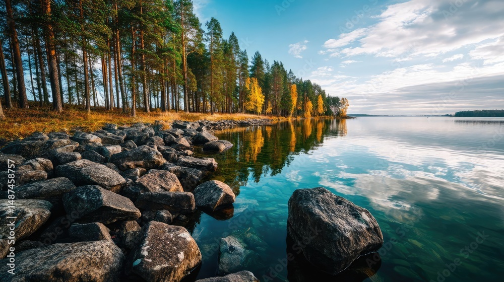 Poster Scenic view of lake in pine forest with rock and trees concept. Serene lakeside view surrounded by pine trees and reflection.