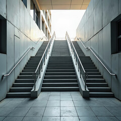 Modern urban staircase with parallel accessibility ramp and sleek steel handrails, featuring clean lines and natural outdoor lighting
