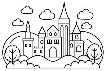 Outlined castle towers stand atop the hill under white clouds above the trees