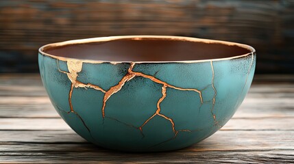 Cracked Teal Ceramic Bowl with Gold Veining on Wooden Table