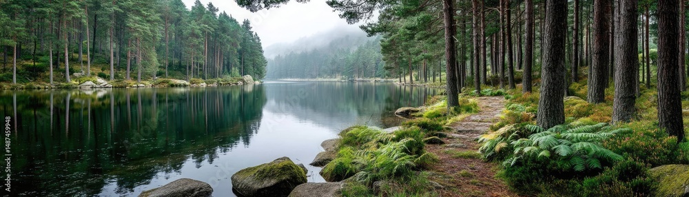 Poster scenic view of lake in pine forest under cloudy blue sky concept. serene landscape with a calm lake 