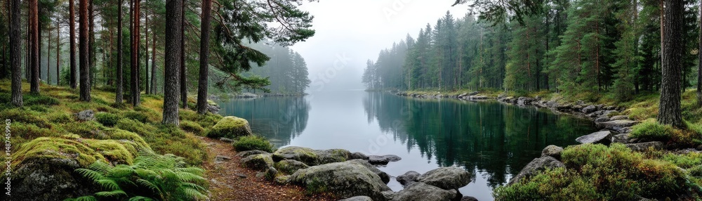 Poster scenic view of lake in pine forest under cloudy blue sky concept. a serene landscape featuring a cal