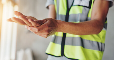 Hands, construction worker and pain with carpal tunnel for renovation project, arthritis or injury...