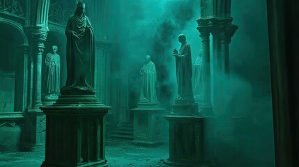 Mysterious,?ancient?statues?in?a?teal-lit?hallway.