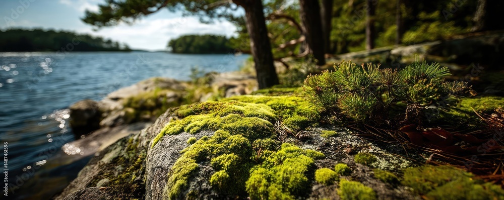 Poster scenic view of lake in pine forest with rock and trees concept. lush green moss covering rocks near 