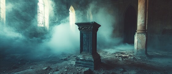 An eerie antique pedestal in a ruined church.