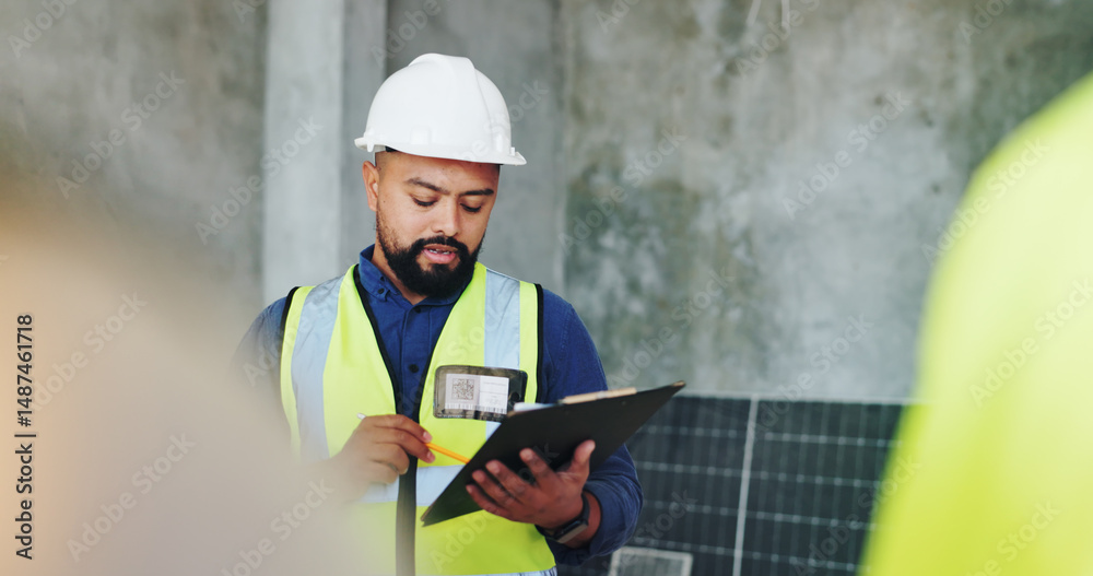 Leinwandbilder building, clipboard and inspection with construction worker man on site for civil engineering or dev