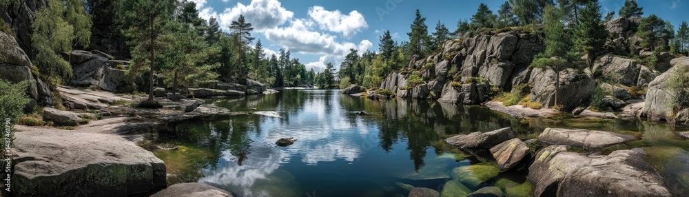 Poster Scenic view of lake in pine forest with rock and trees concept. A serene lake surrounded by lush trees and rocky formations.