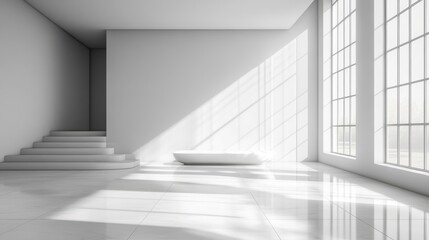 Fototapeta premium Sunlit Minimalist White Room Interior with Marble Floor and Stairs