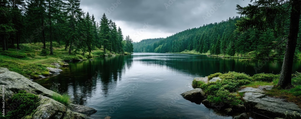 Poster scenic view of lake in pine forest under cloudy blue sky concept. serene lake surrounded by lush gre