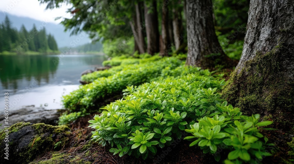 Poster Scenic view of lake in pine forest under peaceful nature concept. Lush greenery by a tranquil lake surrounded by towering trees.