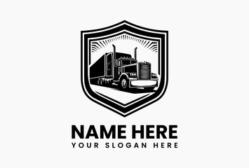 Bold black and white vector logo emblem featuring a powerful semi-truck with a trailer, set against a backdrop of dynamic horizontal and triangular stripe patterns. Transportation logo concept