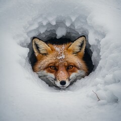 A fox curled in snow hole, soft neutral tones