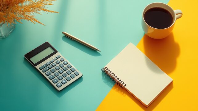 Budget flat lay with laptop notebook calculator smartphone coffee cup glasses and financial statement reports on blush pink to sky blue gradient pastel background