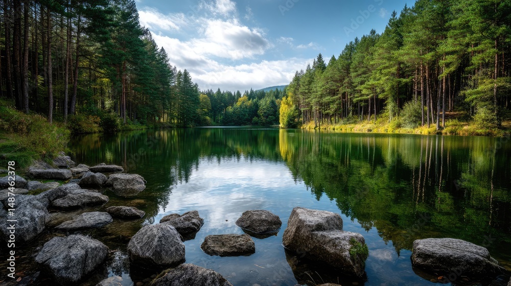 Poster Scenic view of lake in pine forest with rock and trees concept. Serene lake surrounded by lush green forest and calm waters.