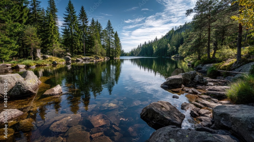 Aufkleber scenic view of lake in pine forest with rock and trees concept. tranquil lake reflecting trees under