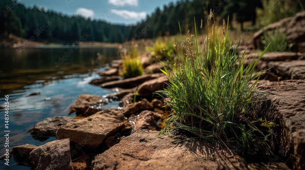 Aufkleber Scenic view of lake in pine forest with rock and trees concept. Serene lakeside view showcasing lush grass and tranquil water.