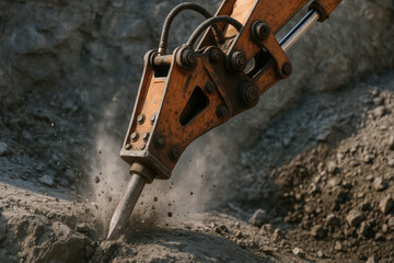 Hydraulic mechanism breaks rock with powerful force in dusty construction site using heavy machinery for excavation and demolition work