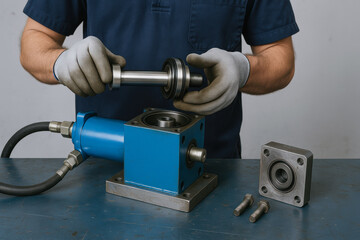 Technician wearing gloves assembles hydraulic mechanism with metal parts on workbench creating precise and functional mechanical system