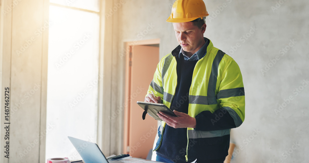 Leinwandbilder building, blueprint and tablet with construction worker man in office for civil engineering or devel