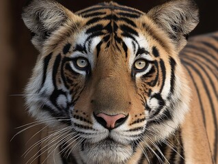 Fototapeta premium the image presents a close up shot of a large cat, its face the primary focus. its fur displays a pattern of black stripes against a golden brown background