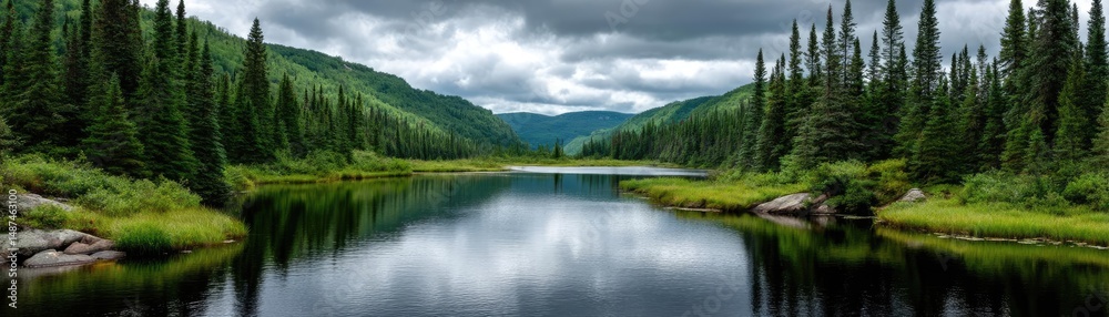 Poster Scenic view of lake in pine forest under cloudy blue sky concept. Tranquil lake surrounded by lush greenery and dramatic clouds.