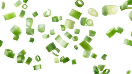 Falling Green Onion Slices Isolated on White Background