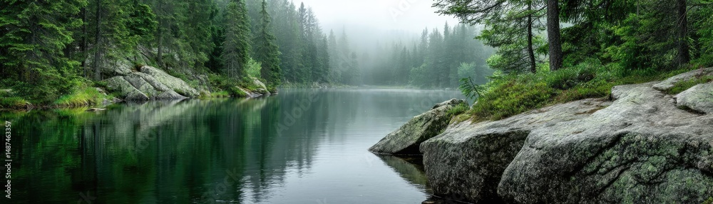 Poster scenic view of lake in pine forest under peaceful nature concept. serene lake surrounded by lush gre