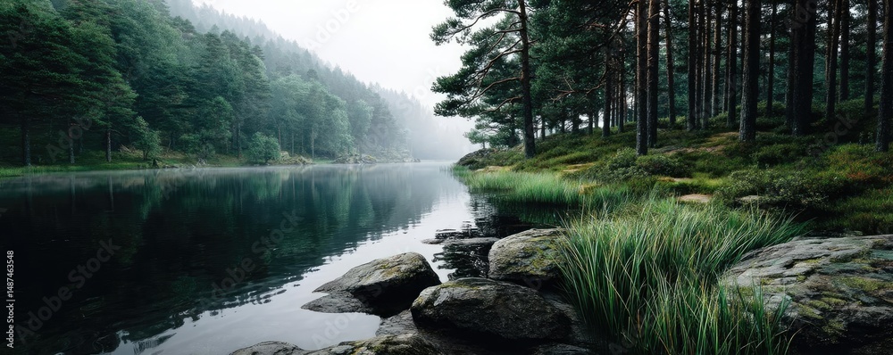 Aufkleber scenic view of lake in pine forest under peaceful nature concept. serene lake surrounded by lush gre