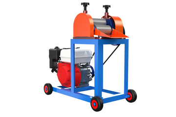 Portable gasoline-powered sugarcane juicer machine on a PNG Transparent HD Background. Compact industrial equipment for fresh juice production, ideal for street vendors or markets.