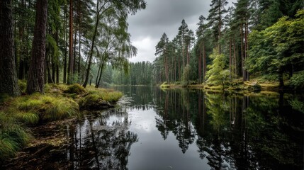 Scenic view of lake in pine forest under cloudy blue sky concept. Serene forest landscape with tranquil water reflecting the trees.