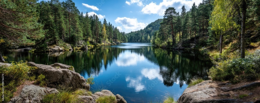Poster Scenic view of lake in pine forest with rock and trees concept. A serene lake surrounded by lush trees under a clear blue sky.