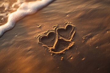 Obraz premium Heartfelt Affection: Two Heart Shapes Drawn on a Sandy Seashore at Sunset