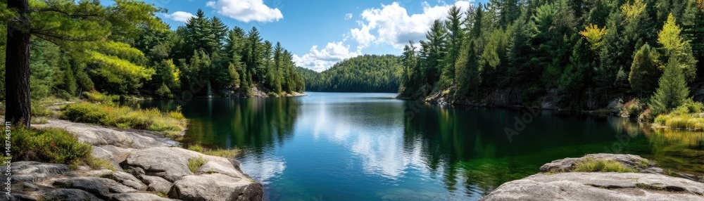 Poster scenic view of lake in pine forest with rock and trees concept. serene lake surrounded by lush trees