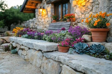 Naklejka premium Stone house and flower garden offer natural and peaceful feelings. Perfect image for travel blogs, garden design, and home improvement.