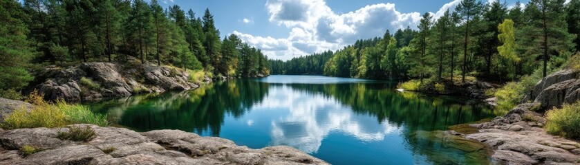 Obraz premium Scenic view of lake in pine forest with rock and trees concept. Tranquil lake surrounded by lush green forests and rocky shores.