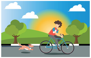 Naklejka premium flat design ride a scooter in the mountains, vector illustration