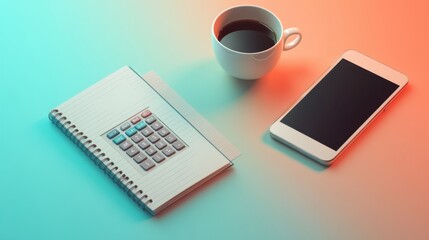 Budget flat lay with laptop notebook calculator smartphone coffee cup glasses and financial statement reports on blush pink to sky blue gradient pastel background