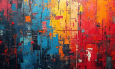 Vibrant abstract painting with bold colors and textured surfaces in blue, red, and yellow hues.