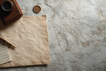 Antique Quill Pen, Aged Paper, and Inkwell: A Rustic Still Life