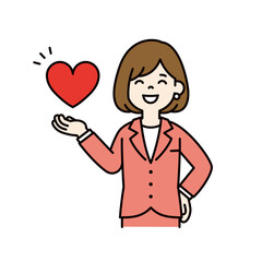 笑顔でハートを持つ、若い女性会社員のベクターイラスト素材＿線幅の編集可能＿カラー