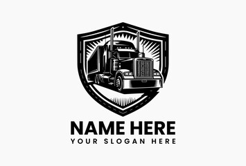Powerful black and white semi-truck emblem with trailer and dynamic geometric stripe patterns in bold vector logo. Transportation industry concept  