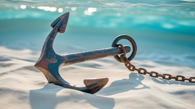 Rusty anchor resting on sandy beach in the shallow waters of the ocean - Powered by Adobe