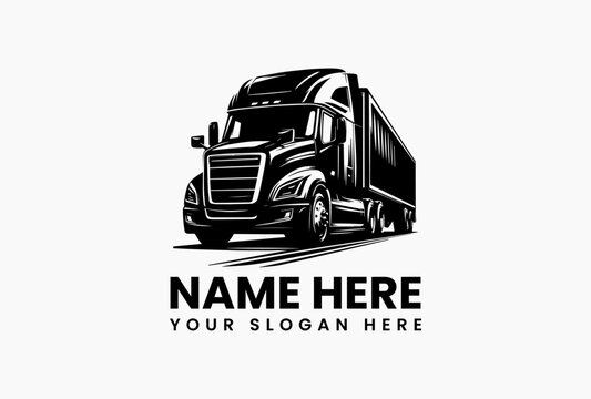 Angled view of premium Freightliner Cascadia with full trailer in polished silver vector logo. Logistics industry concept  