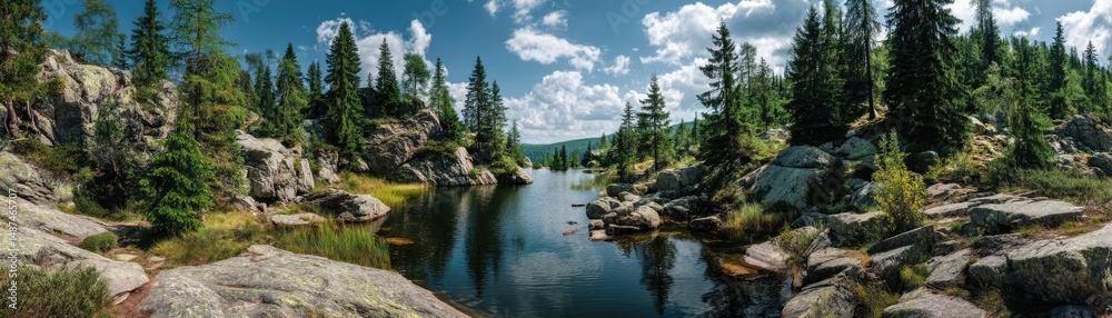 Aufkleber Scenic view of lake in pine forest with rock and trees concept. A serene landscape featuring a tranquil lake surrounded by trees.
