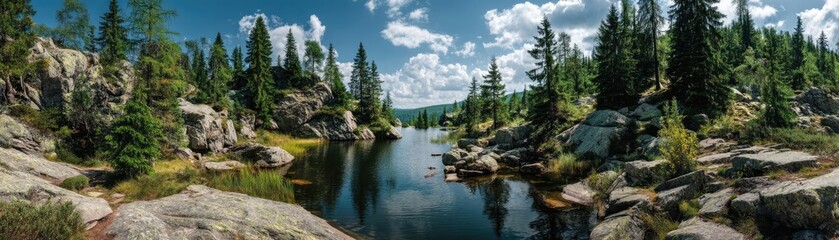 Obraz premium Scenic view of lake in pine forest with rock and trees concept. A serene landscape featuring a tranquil lake surrounded by trees.