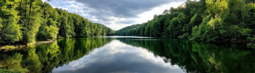 Scenic view of lake in pine forest under cloudy blue sky concept. Peaceful lakeside view surrounded by lush green forest.