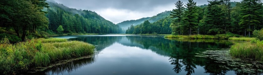 Scenic view of lake in pine forest under cloudy blue sky concept. Tranquil lake surrounded by lush green mountains and forests.