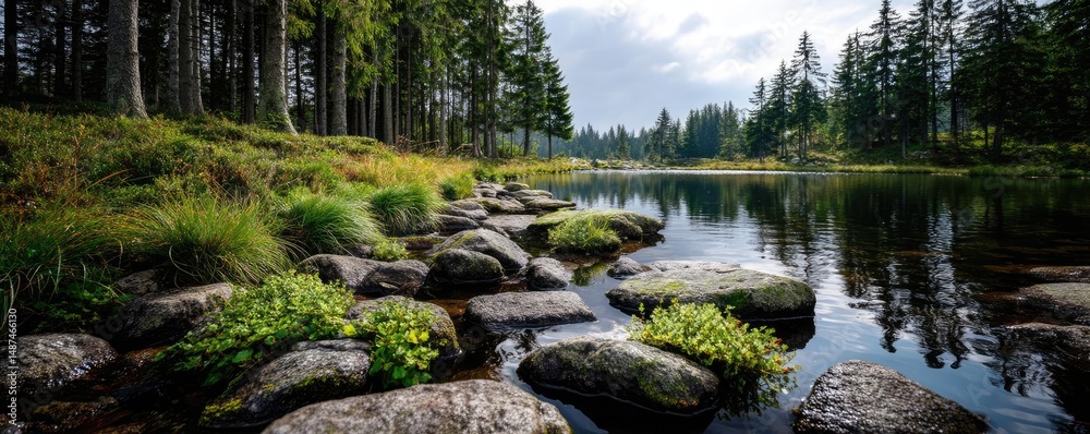 Poster scenic view of lake in pine forest under peaceful nature concept. serene lake with smooth stones and