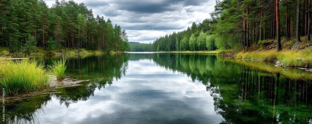 Poster scenic view of lake in pine forest under peaceful nature concept. serene lake surrounded by lush tre